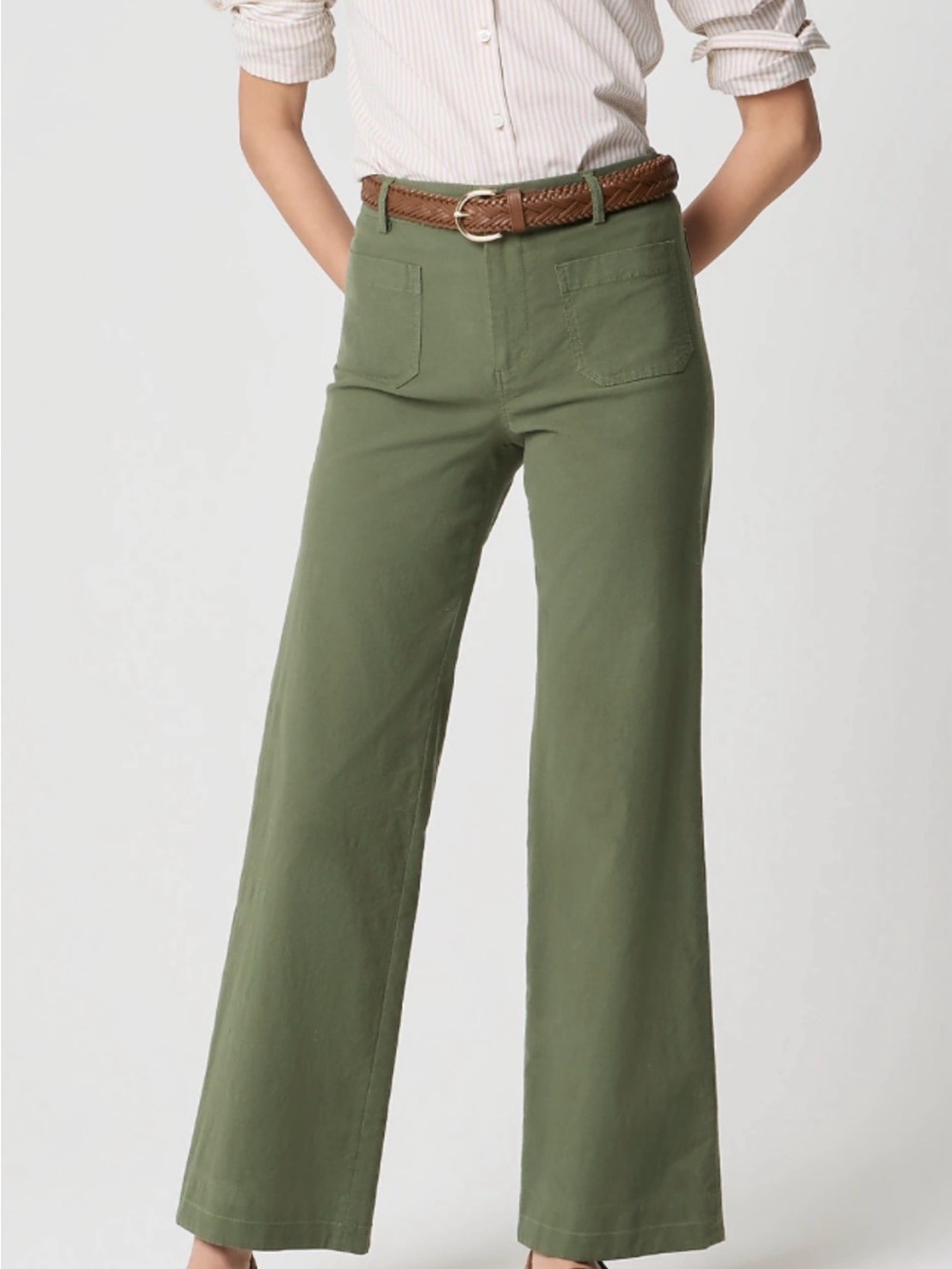 J Crew Lizzie wide leg Cotton Linen blend front pocket olive green pants
